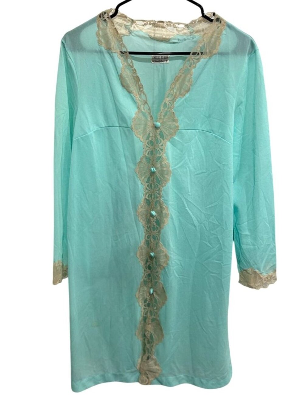 Vintage 60s Emilio Pucci Medium Aqua Lace Trim Collar Robe Whimsical Ethereal